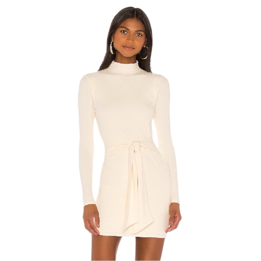 NWT : Lovers + Friends Mock Neck Tie Waist Mini Gisele Dress Ivory Cream Medium